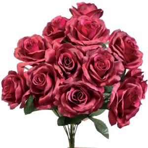 Colorfast "Kylie" Open Rose Bush x12, 17" Burgundy | Pioneer Wholesale Colorfast Flowers