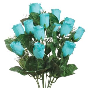 Colorfast "Lillian" Rosebud Bush w/Gypsophila x14, 18" Aqua | Pioneer Wholesale Colorfast Flowers