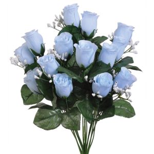 Colorfast "Lillian" Rosebud Bush w/Gypsophila x14, 18" Baby Blue | Pioneer Wholesale Colorfast Flowers