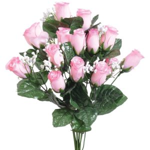 Colorfast "Lillian" Rosebud Bush w/Gypsophila x14, 18" Baby Pink | Pioneer Wholesale Single Variety Flower Bushes