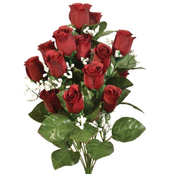 Colorfast "Lillian" Rosebud Bush w/Gypsophila x14, 18" Burgundy 2 | Pioneer Wholesale Colorfast Flowers