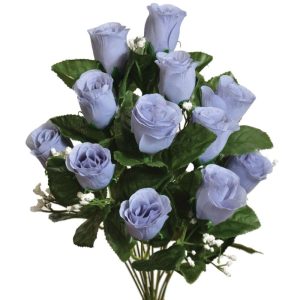 Colorfast "Lillian" Rosebud Bush w/Gypsophila x14, 18" Dusty Blue | Pioneer Wholesale Colorfast Flowers