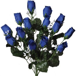 Colorfast "Lillian" Rosebud Bush w/Gypsophila x14, 18" Royal Blue | Pioneer Wholesale Colorfast Flowers