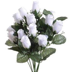 Colorfast "Lillian" Rosebud Bush w/Gypsophila x14, 18" White | Pioneer Wholesale Colorfast Flowers