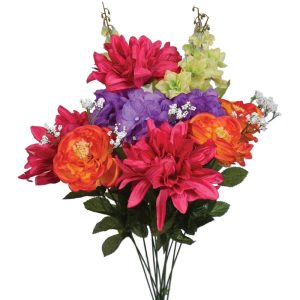 Dahlia, Ranunculus, Delphinium & Hydrangea Bush x12, 22" Fuchsia/Org/Purp | Pioneer Wholesale Monument Bushes