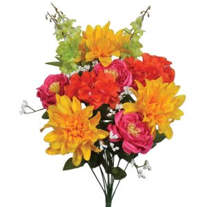 Dahlia, Ranunculus, Delphinium & Hydrangea Bush x12, 22" Ylw/Org/Bty/Grn | Pioneer Wholesale Monument Bushes