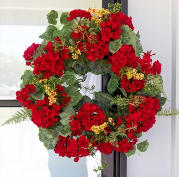 Geranium Wreath 22" Red | Pioneer Wholesale Flower Wreaths