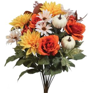 Mixed Dahlia, Rose, Daisy & Pumpkin Bush x14, 21.75" Orange/Yellow/Cream | Pioneer Wholesale Premium Mixed Flower Bushes