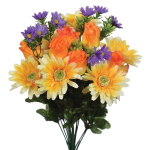 Mixed Daisy & Rosebud Bush x18, 18" Yellow/Orange/Purple | Pioneer Wholesale Everyday Mixed Flower Bushes