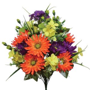 Mixed Gerbera Daisy & Hydrangea Bush x22, 21" Flame/Purple/Green/Yellow | Pioneer Wholesale Everyday Mixed Flower Bushes