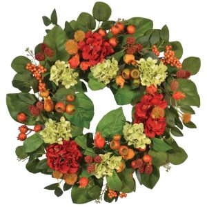 Mixed Hydrangea, Pod & Thistle Wreath 24" Green/Red/Orange | Pioneer Wholesale Flower Wreaths