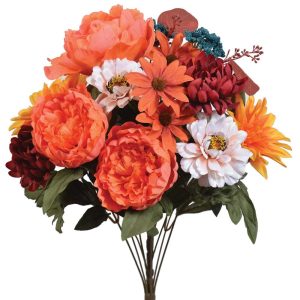 Mixed Peony, Dahlia & Mum Bush x13, 19.5" Orange/Yellow | Pioneer Wholesale Premium Mixed Flower Bushes