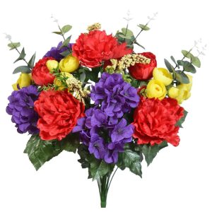 Mixed Peony & Ranunculus Bush x18, 26" Red/Purple/Yellow | Pioneer Wholesale Everyday Mixed Flower Bushes