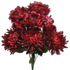 Mixed Peony, Rose Bud & Daisy Bush x12, 18" Burgundy | Pioneer Wholesale Everyday Mixed Flower Bushes