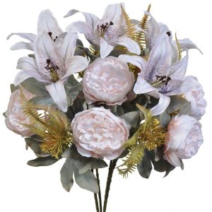 Mixed Peony, Tiger Lily & Thistle Bush x15, 23" Ivory | Pioneer Wholesale Everyday Mixed Flower Bushes