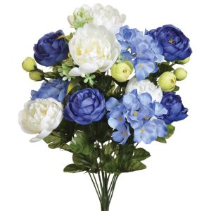 Mixed Ranunculus, Peony & Hydrangea Bush x18, 21" Blue/White | Pioneer Wholesale Premium Mixed Flower Bushes