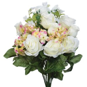 Mixed Rose, Hydrangea & Rose Bud Bush x18, 18" Cream/Magenta | Pioneer Wholesale Monument Bushes