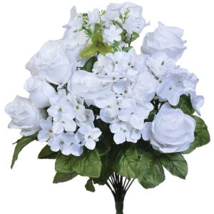 Mixed Rose, Hydrangea & Rose Bud Bush x18, 18" White | Pioneer Wholesale Value Mixed Flower Bushes