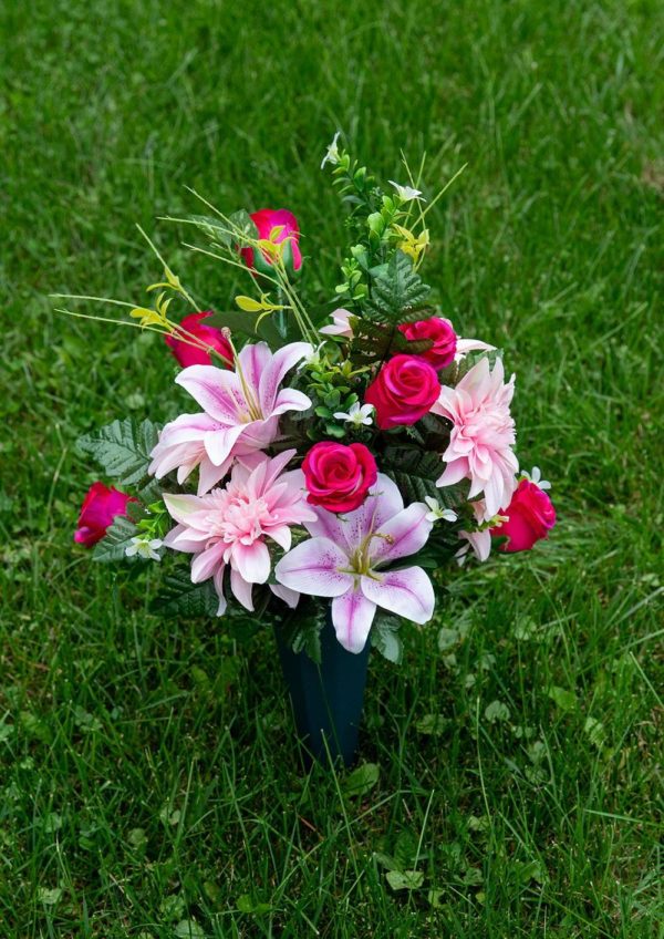 Mixed Rosebud, Dahlia & Lily Bush x28, 23" Pink | Pioneer Wholesale Monument Bushes