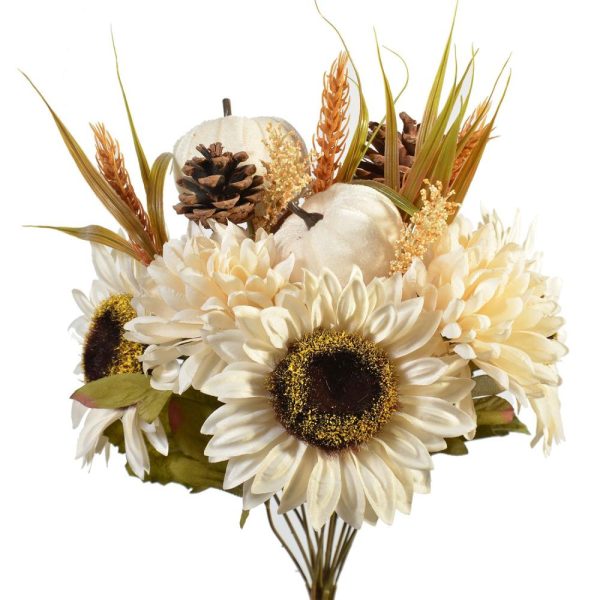 Mixed Sunflower, Pumpkin, Mum & Pine Cone Bush x14, 16" Beige | Pioneer Wholesale Everyday Mixed Flower Bushes