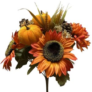 Mixed Sunflower, Pumpkin, Mum & Pine Cone Bush x14, 16" Orange | Pioneer Wholesale Everyday Mixed Flower Bushes