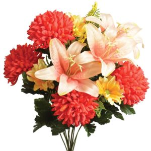 Mixed Tiger Lily & Mum Bush x14, 21" Coral/Peach/Yellow | Pioneer Wholesale Monument Bushes