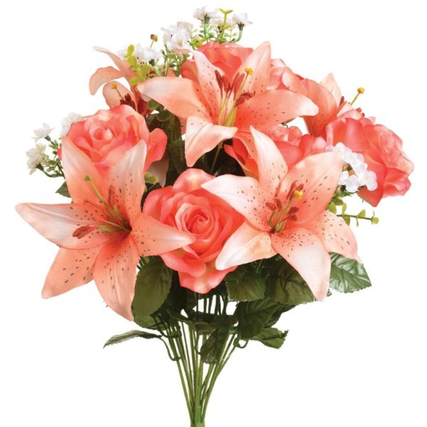 Mixed Tiger Lily, Rose & Peach Blossom Bush x18, 22" Peach | Pioneer Wholesale Monument Bushes