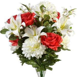 Mixed Tiger Lily, Rose & Mum Bush x22, 23.5" Red/White | Pioneer Wholesale Everyday Mixed Flower Bushes