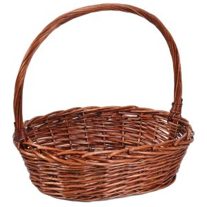 Oval Full Willow Basket w/Top Handle 15×12.25×4.5" Brown Stained | Pioneer Wholesale No Liner