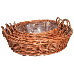 Oval Split Willow Basket w/Side Handles, Set of 4 w/Liners – Brown Stained Brown Stained | Pioneer Wholesale Oval