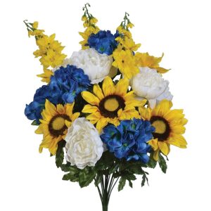 Peony, Sunflower, Delphinium & Hydrangea Bush x18, 24" Cream/Ylw/Blue | Pioneer Wholesale Everyday Mixed Flower Bushes