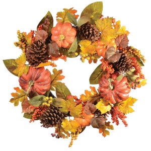 Pumpkin, Berries & Maple Wreath w/Pine Cones 24" Orange Mix | Pioneer Wholesale Wreaths