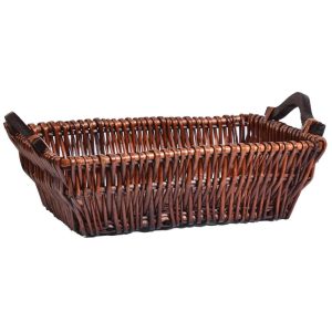 Rectangular Vertical Weave Full Willow Basket w/Wooden 14" Brown Stained | Pioneer Wholesale Full Willow