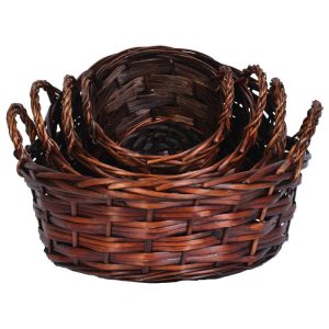 Round Triple Weave Basket w/Side Handles & Liners, Set of 4 – Brown Stained Brown Stained | Pioneer Wholesale Plastic Liners