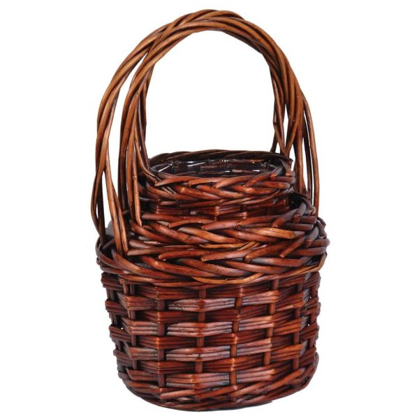 Round Triple Weave Basket w/Top Handles & Liners, Set of 3 – Brown Stained Brown Stained | Pioneer Wholesale Plastic Liners