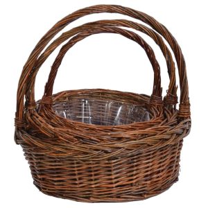 Round Unpeeled Willow Basket w/Braided Rim, Top Handle & Liners, Set of 3 | Pioneer Wholesale Unpeeled Willow