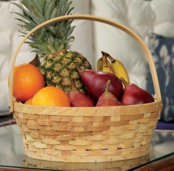 Round Woodchip Basket w/Drop Handle & Liner 12.25" Natural | Pioneer Wholesale Single Baskets