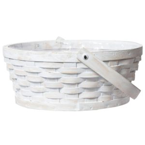 Round Woodchip Basket w/Drop Handle & Liner 10.5" Whitewash | Pioneer Wholesale Plastic Liners