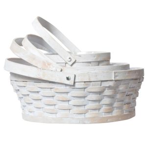 Round Woodchip Baskets w/Drop Handles & Liners, Set of 4 – Whitewash Whitewash | Pioneer Wholesale Woodchip