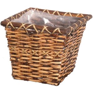 Square Rattan Pot Cover w/Sewn-In Liner, 11.5" Brown Stained | Pioneer Wholesale Pot Covers