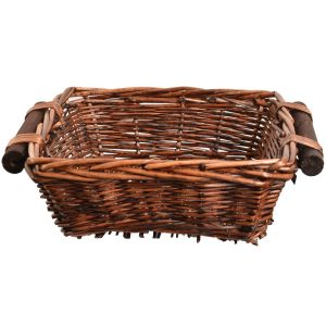 Square Willow Tray w/Wooden Side Handles 10" Brown Stained | Pioneer Wholesale Single Baskets