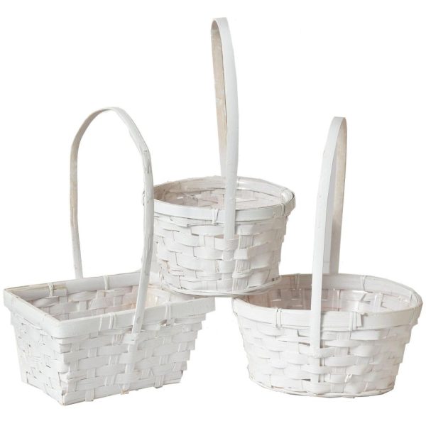 Woodchip Flower Basket w/Handle *3 Asst Shapes-Must Buy 12* – Painted White Painted White | Pioneer Wholesale Woodchip