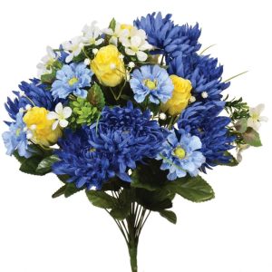 Mixed Rose & Mum Bush x24, 20" Blue/Yellow | Pioneer Wholesale Everyday Mixed Flower Bushes