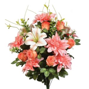 Mixed Rosebud, Dahlia & Lily Bush x28, 23" Coral/Orange | Pioneer Wholesale Everyday Mixed Flower Bushes