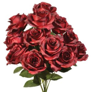 Colorfast "Kylie" Open Rose Bush x12, 17" Burgundy 2 | Pioneer Wholesale Colorfast Flowers