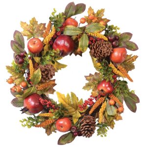 Mixed Foliage, Pomegranate, Apple & Berries Wreath 22" Burgundy/Green | Pioneer Wholesale Fruit Decor