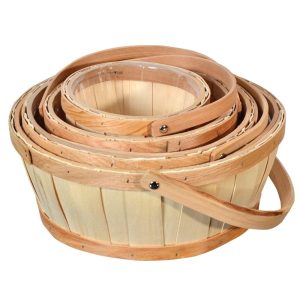 Round Vertical Weave Woodchip Baskets w/Drop Handles & Liners, Set of 4 | Pioneer Wholesale Round